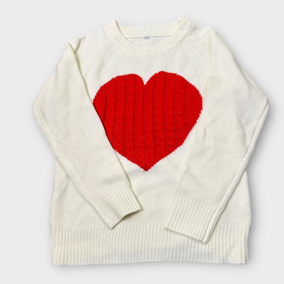 Cream Red Heart Sweater Women Knit‎ Pullover Valentines Day Cozy Small - Picture 1 of 8